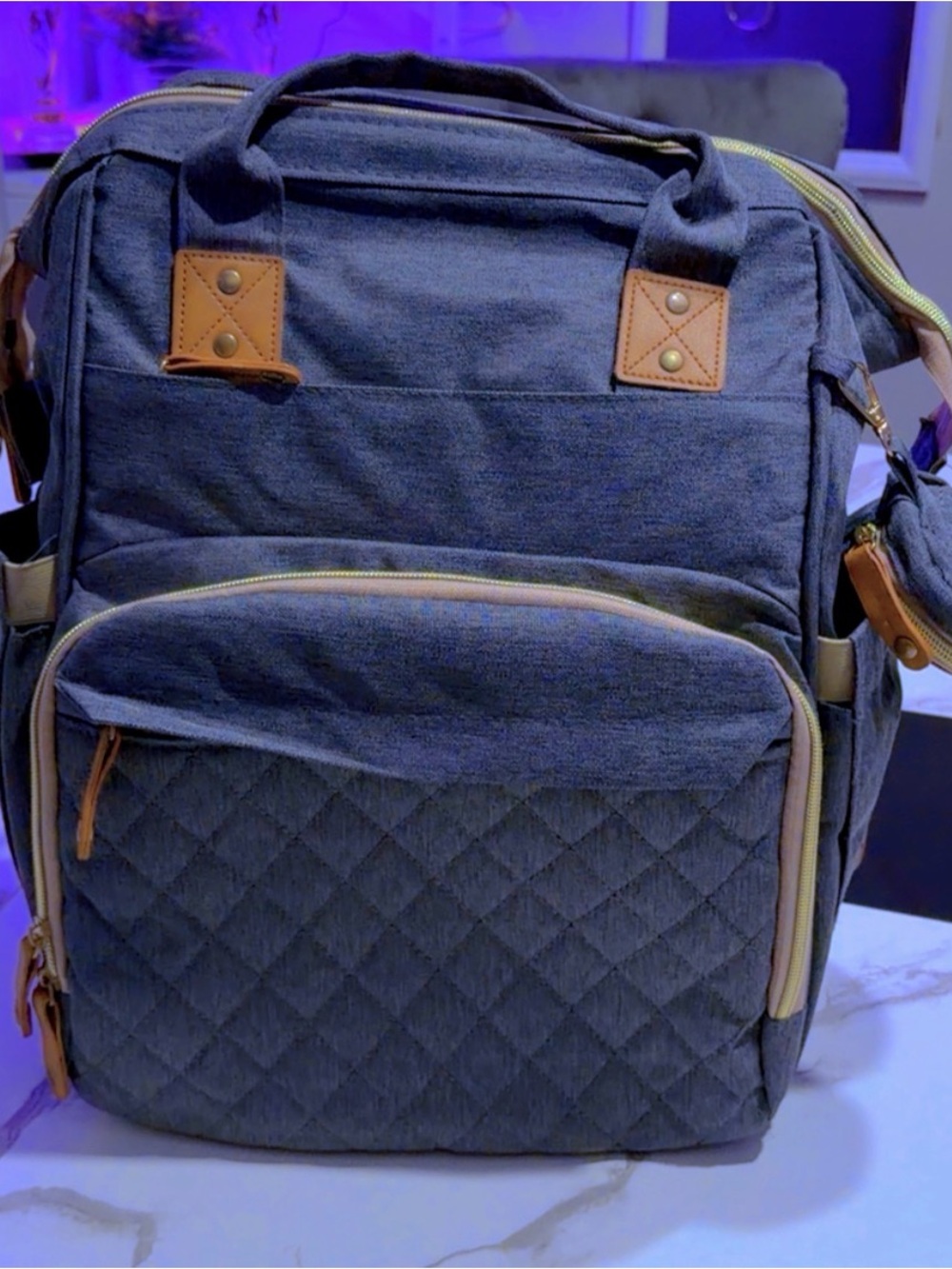 Quilted Navy Women's Backpack with Tan Trim